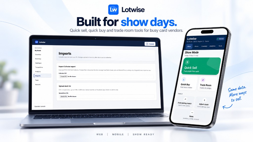 Lotwise on laptop and phone — web imports and show mode, same workspace