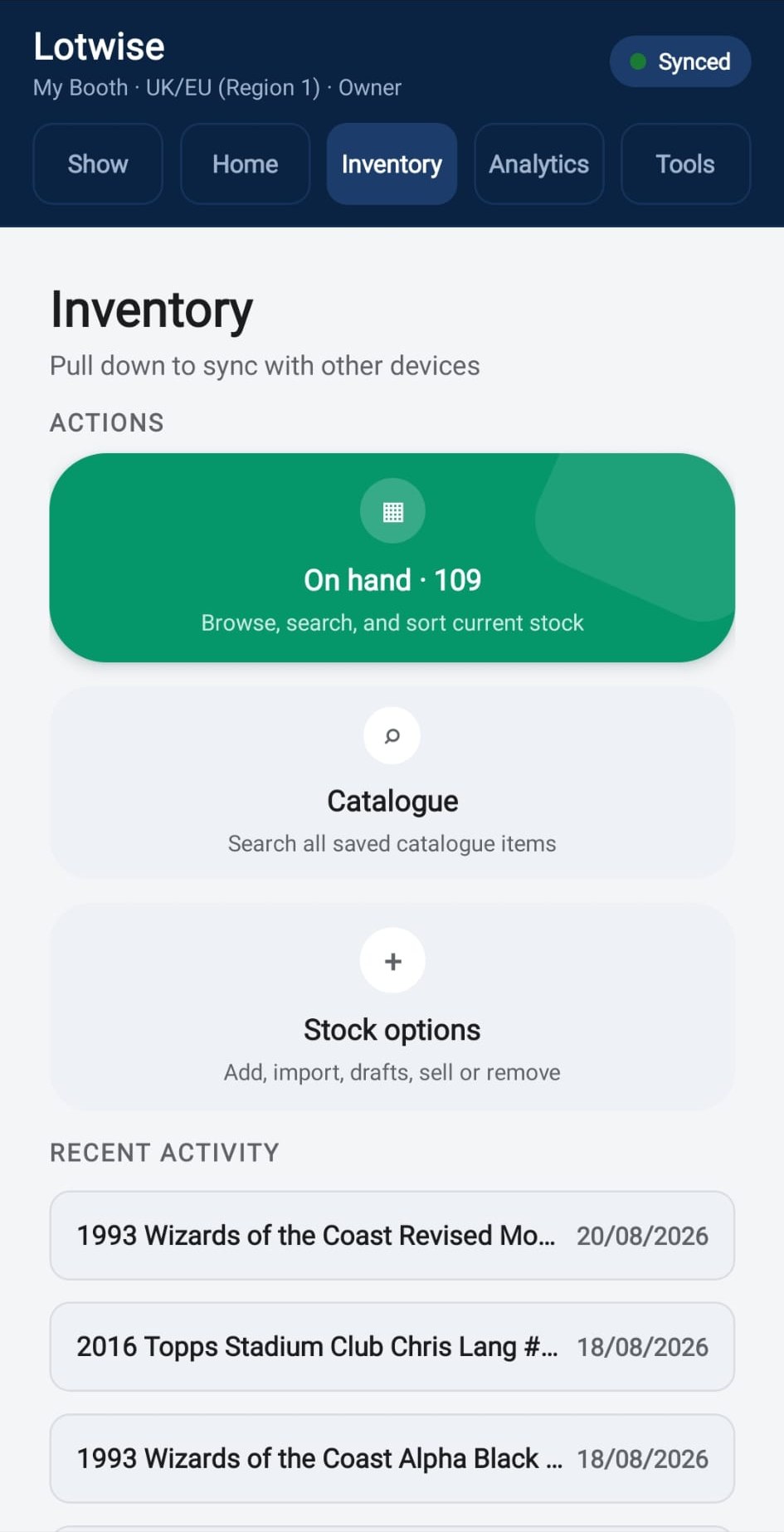 Lotwise inventory screen with on-hand stock and recent activity